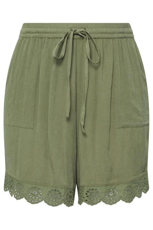YOURS Plus Size Khaki Green Broderie Anglaise Scalloped Shorts | Yours Clothing 5