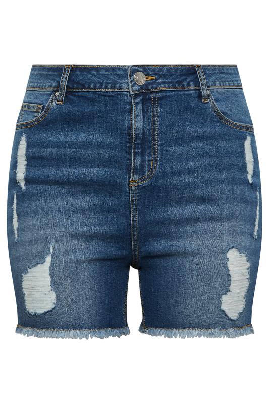 YOURS Plus Size Mid Blue Ripped Denim Shorts | Yours Clothing 4