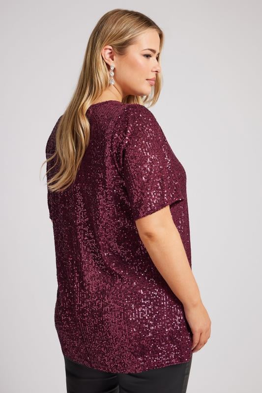 YOURS LONDON Plus Size Burgundy Red Sequin Swing Top | Yours Clothing 3