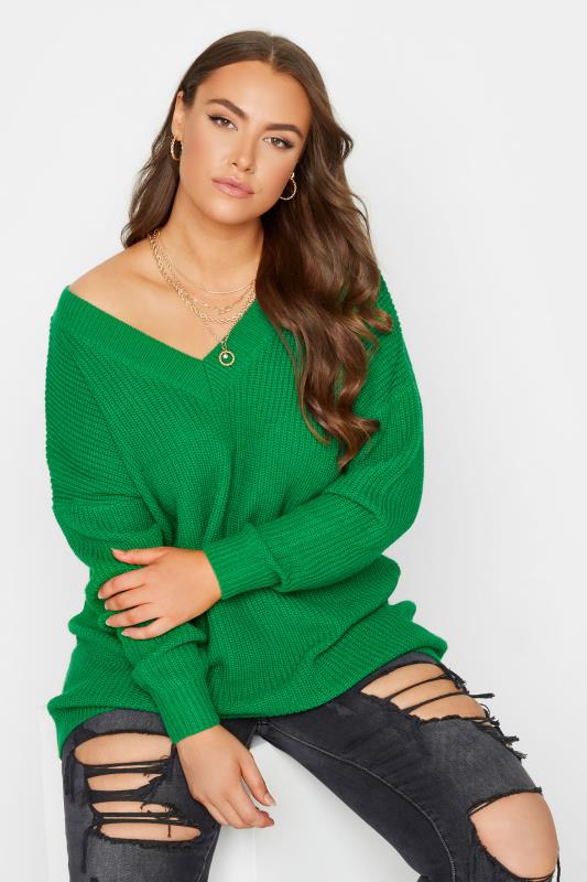  Tallas Grandes Curve Green V-Neck Knitted Jumper