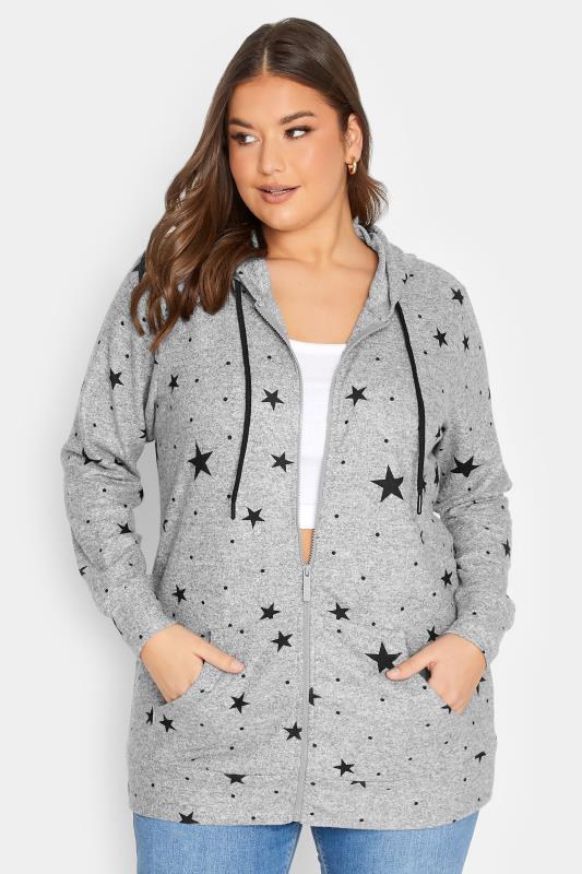Plus Size Grey Marl Star Print Zip Hoodie | Yours Clothing 1