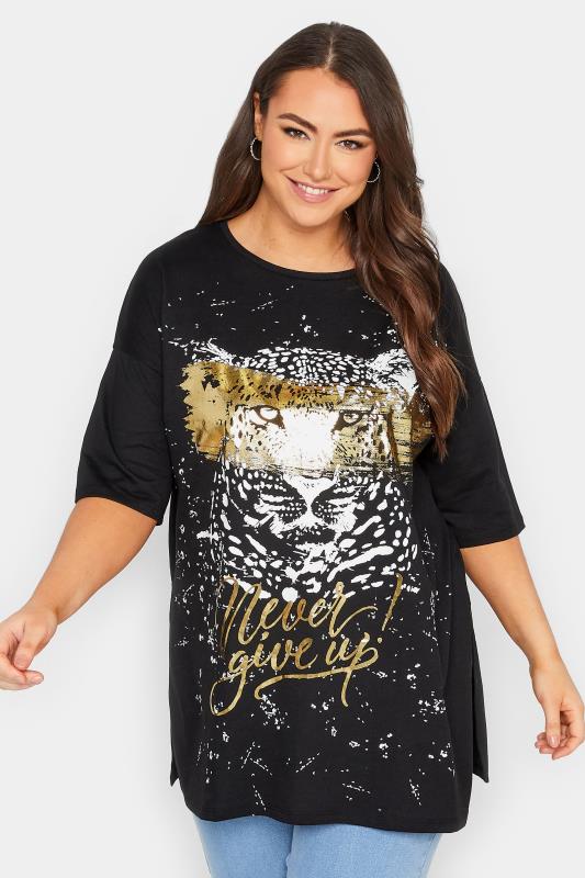 YOURS Plus Size Curve Black Foil Leopard Graphic T-Shirt | Yours Clothing  1