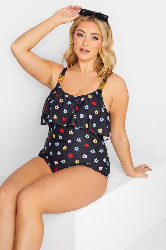  Grande Taille YOURS Curve Black Daisy Print Frill Chain Swimsuit