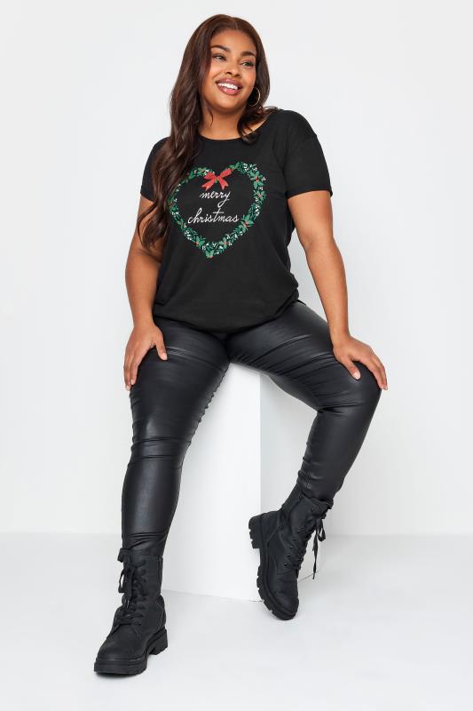 YOURS Plus Size Black 'Merry Christmas' Slogan T-Shirt | Yours Clothing 2