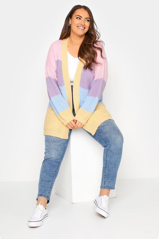 Plus Size Curve Pink & Yellow Pastel Stripe Knitted Cardigan | Yours Clothing 2