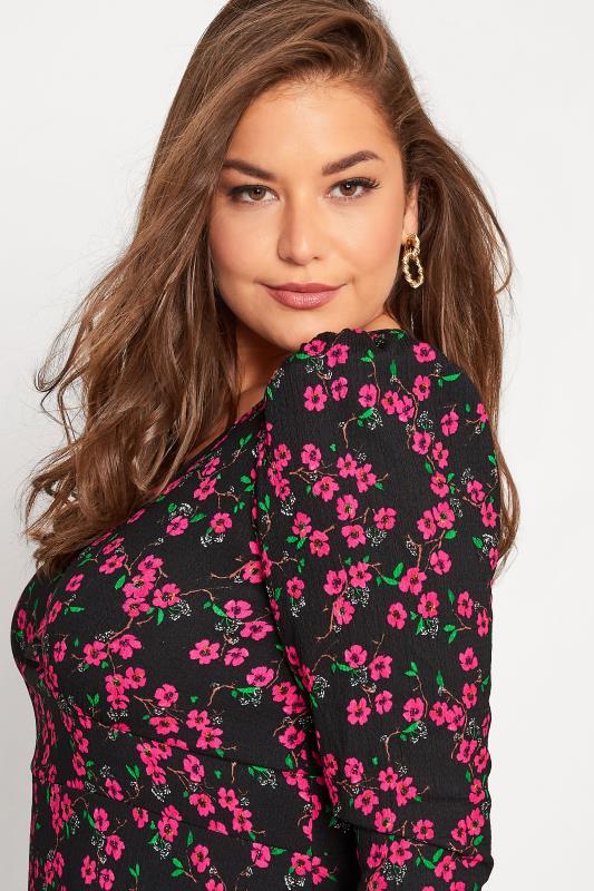 Plus Size Black & Pink Ditsy Print Frill Trim Dress | Yours Clothing 4