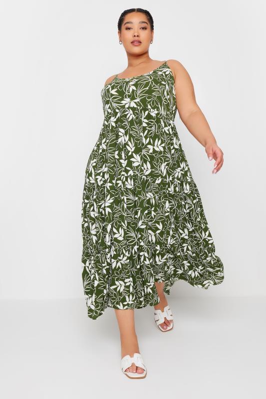 Plus Size  YOURS Curve Green Leaf Print Crinkle Tiered Maxi Dress