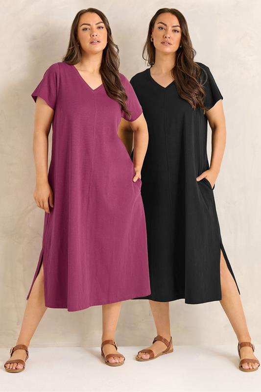 EVANS Plus Size 2 Pack Black & Berry Red Cotton Midi Dress 1
