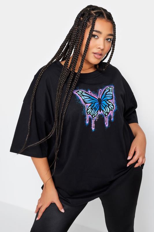 YOURS Plus Size Black Butterfly Print Boxy T-Shirt | Yours Clothing 1