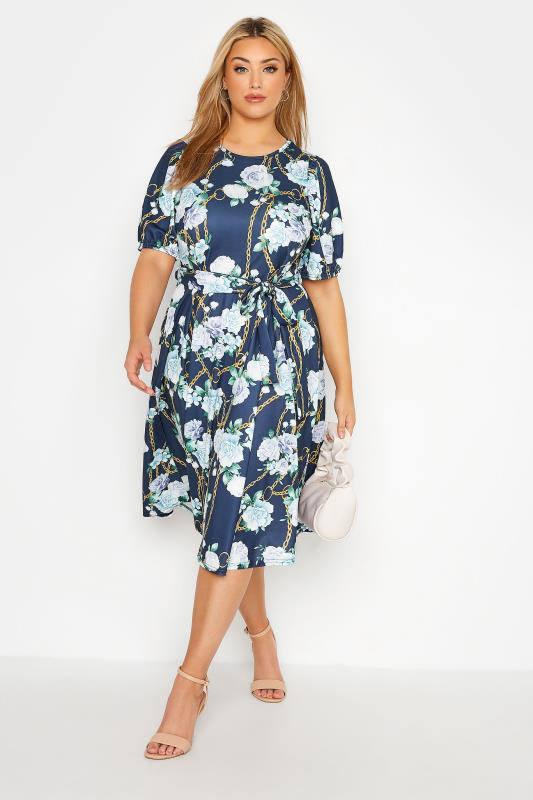 YOURS LONDON Curve Navy Blue Chain Floral Skater Dress_B.jpg