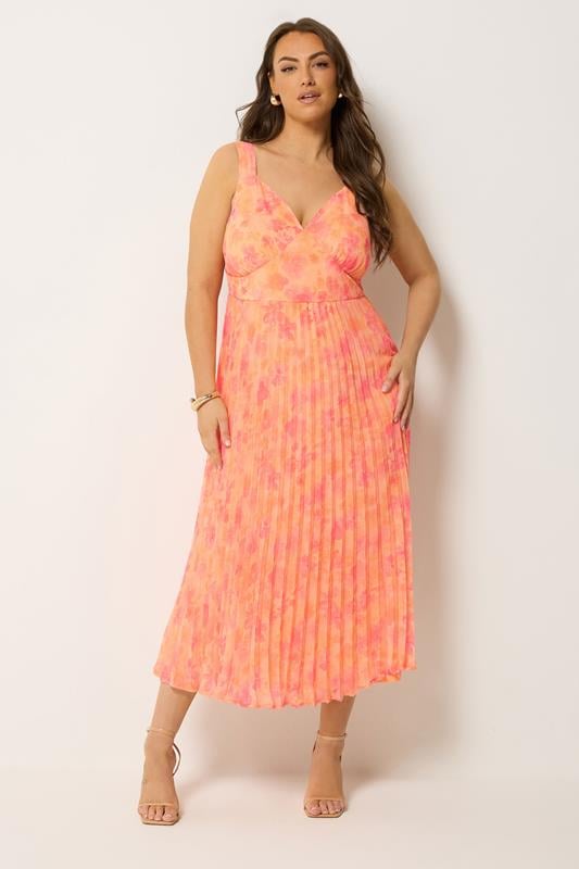 YOURS Plus Size Orange Floral Pleated Dress | Yours Clothing 1