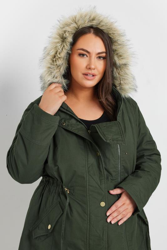 BUMP IT UP MATERNITY Khaki Green Fur Trim Parka | Yours Clothing 5