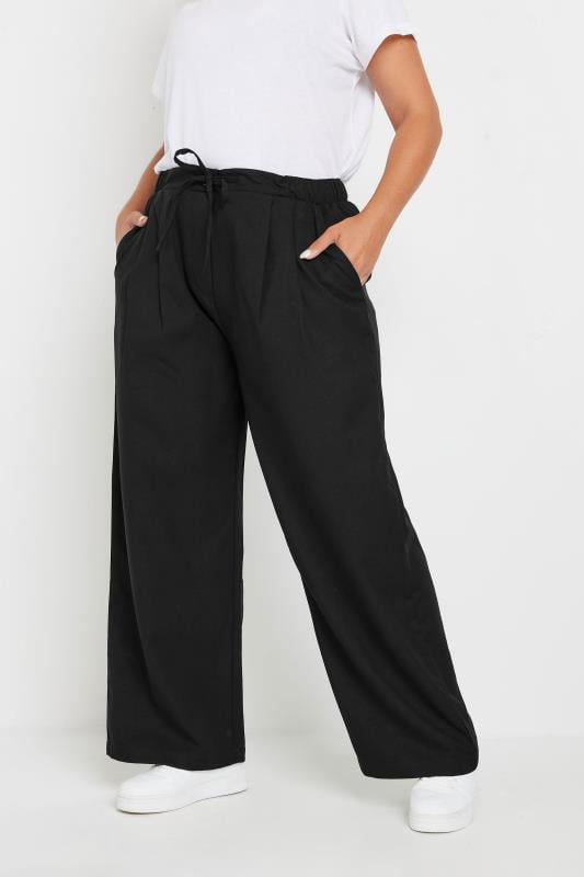 YOURS Plus Size Black Drawstring Wide Leg Trousers | Yours Clothing  1