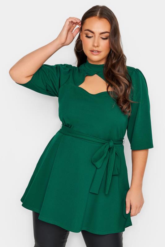 YOURS LONDON Plus Size Green Cut Out Detail Peplum Top | Yours Clothing 1