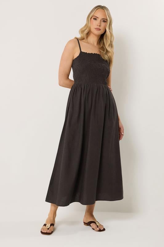 LTS Tall Women's Chocolate Brown Linen Embroidered Midi Dress | Long Tall Sally 1