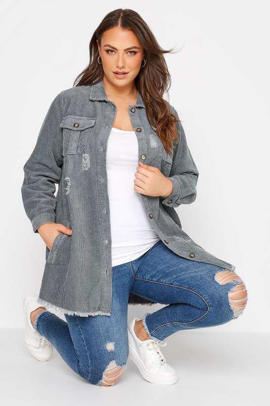 Plus Size  LIMITED COLLECTION Curve Grey Ripped Cord Shacket