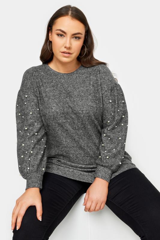 YOURS Plus Size Grey Pearl Embellished Soft Touch Sweatshirt | Yours Clothing 1