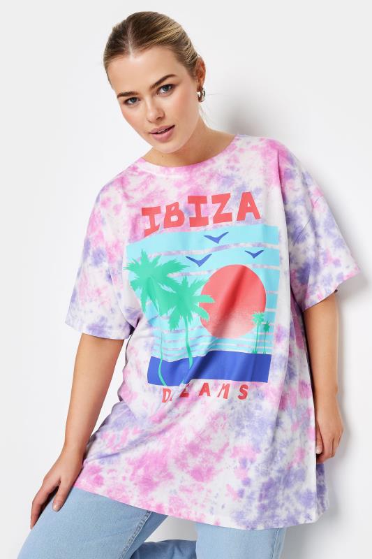 YOURS Plus Size Pink 'Ibiza Dreams' Print Tie Dye T-Shirt | Yours Clothing 1