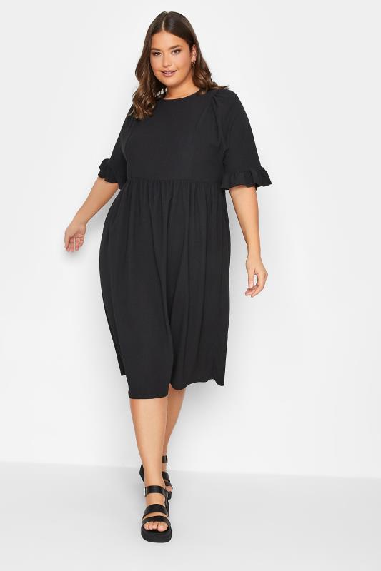YOURS Plus Size Black Textured Smock Midi Dress | Yours Clothing 2