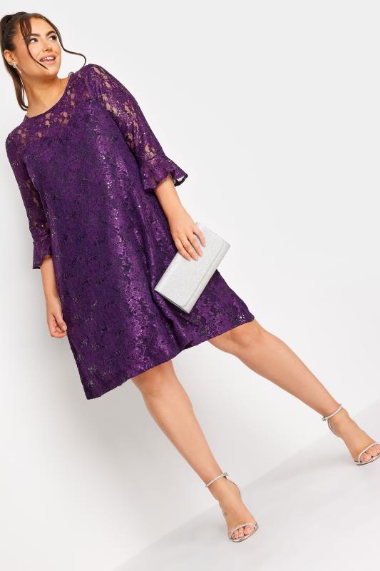 YOURS Plus Size Purple Lace Sequin Embellished Swing Dress | Yours Clothing 2