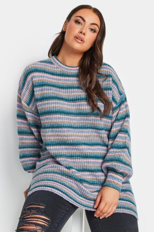 YOURS LUXURY Plus Size Teal Blue Stripe Knitted Jumper | Yours Clothing 1