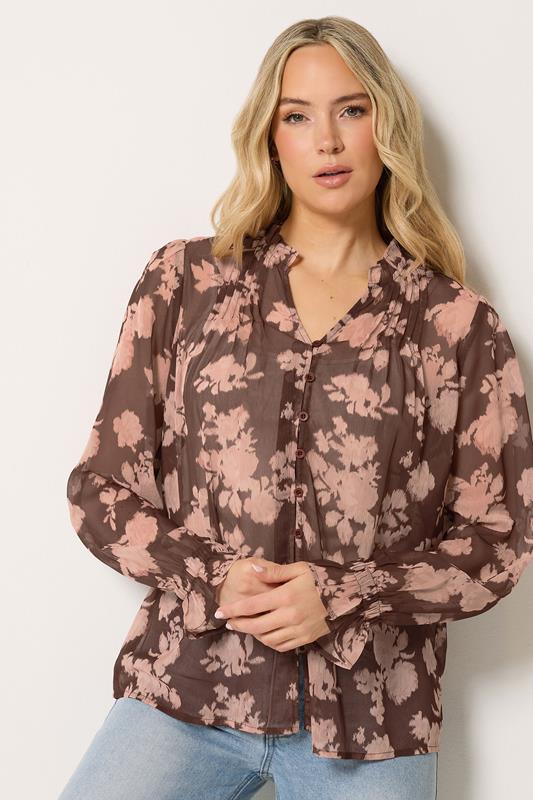  LTS Tall Brown Abstract Floral Sheer Pintuck Blouse