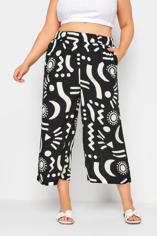 Plus Size  YOURS Curve Black Abstract Print Wide Leg Cropped Trousers