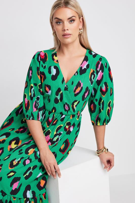 LIMITED COLLECTION Plus Size Green Leopard Print Textured Wrap Dress | Yours Clothing 4