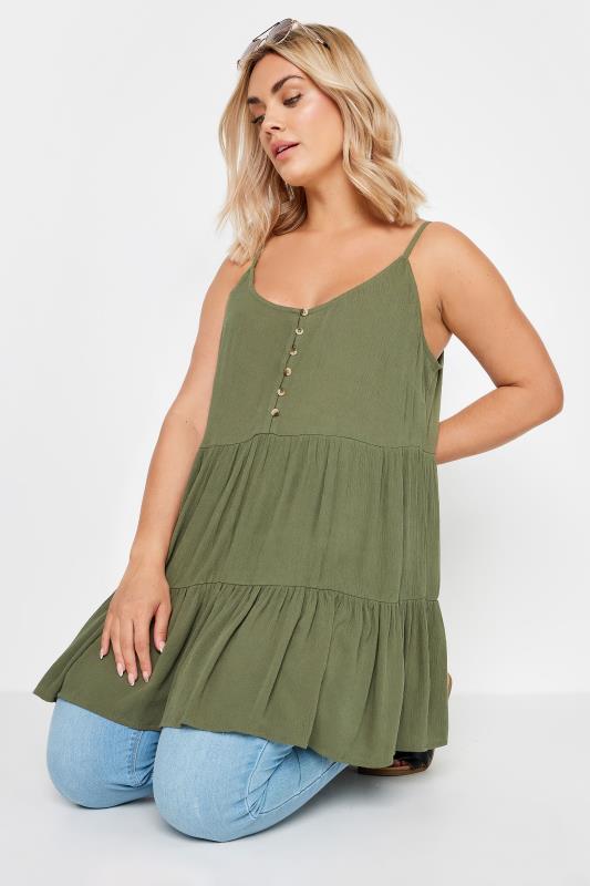 YOURS Plus Size Khaki Green Crinkle Tiered Vest Top | Yours Clothing 4