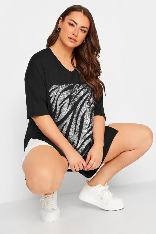 YOURS Plus Size Black Zebra Print Sequin Top | Yours Clothing 5