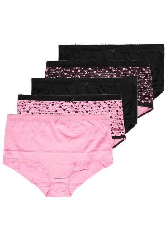 Plus Size 5 PACK Pink & Black Heart Print High Waisted Full Briefs | Yours Clothing 2
