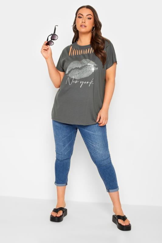 YOURS Curve Plus Size Charcoal Grey Lips Foil Print T-Shirt | Yours Clothing  2