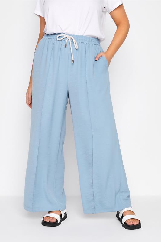 Plus Size Light Blue Lightweight Twill Wide Leg Trousers | Yours Clothing 1