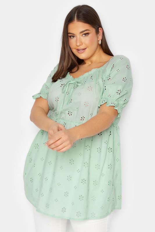 YOURS Plus Size Curve Mint Green Broderie Anglaise Peplum Top | Yours Clothing 2