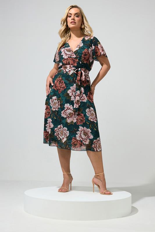 YOURS LONDON Plus Size Green & Pink Floral Wrap Dress | Yours Clothing 1