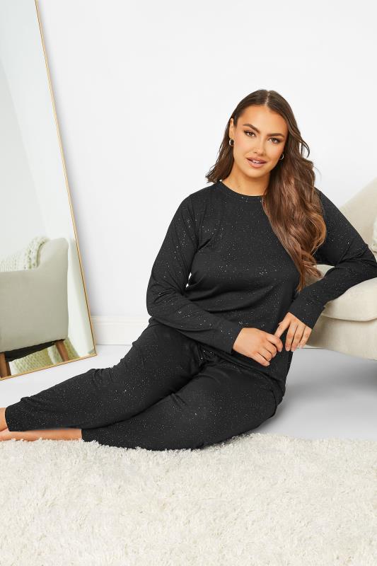 Black Glitter Soft Touch Lounge Set | Yours Clothing 1