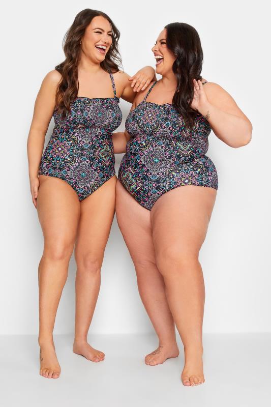 YOURS Plus Size Curve Black Aztec Print Shirred Tummy Control Swimsuit | Yours Clothing  7