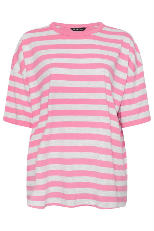 Plus Size  YOURS Curve Pink & Grey Stripe Oversized T-Shirt