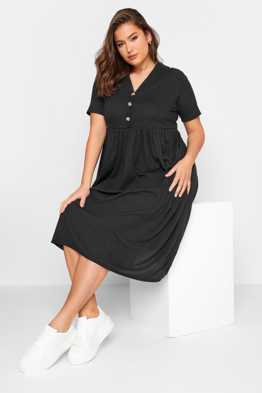 LIMITED COLLECTION Plus Size Black Ribbed Peplum Midi Dress | Yours Clothing 2
