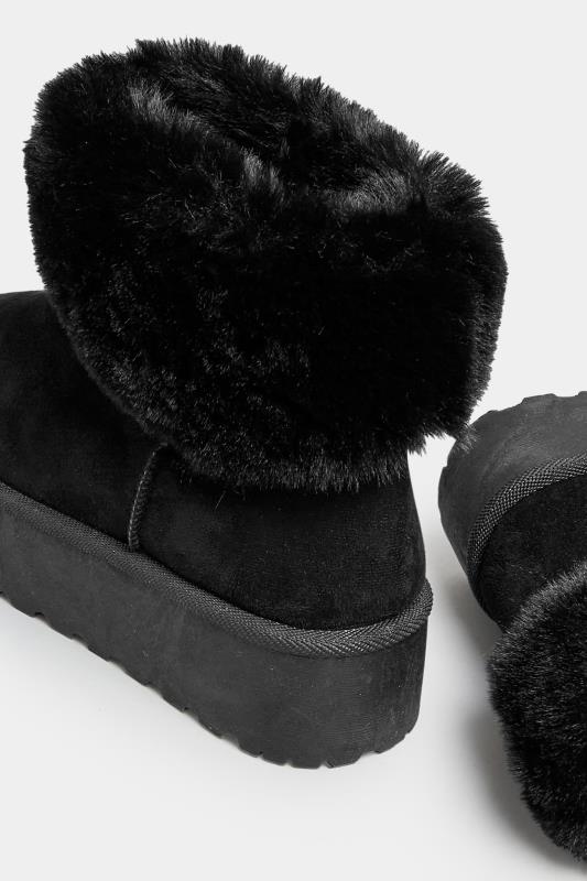Black Platform Faux Fur Collared Boot in Wide E Fit | Yours Clothing 4