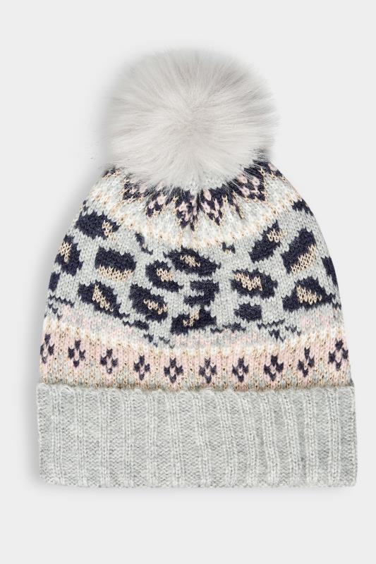  Grande Taille Grey Fairisle Pom Pom Cable Knitted Hat