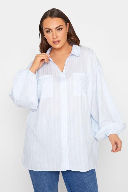 LIMITED COLLECTION Curve Blue Stripe Balloon Sleeve Shirt_A.jpg