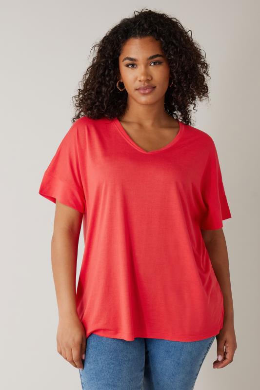 EVANS Plus Size Red V-Neck Modal Rich T-Shirt | Evans 1