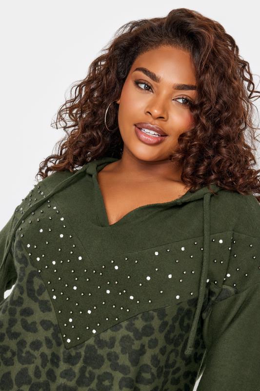 YOURS Plus Size Khaki Green Leopard Print Embellished Hoodie | Yours Clothing 4