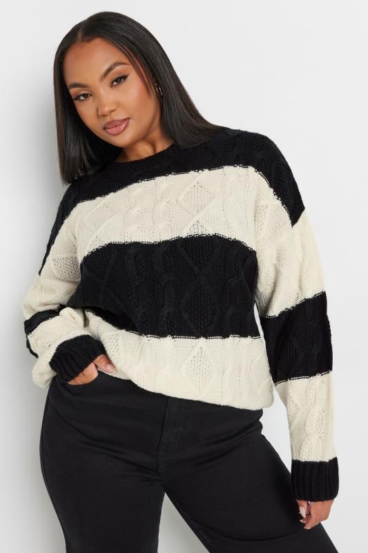 YOURS Plus Size Black & Cream Stripe Cable Twist Jumper | Yours Clothing 2