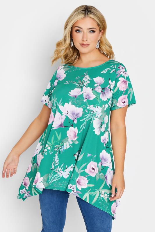 YOURS LONDON Plus Size Green Floral Print Hanky Hem Top | Yours Clothing 1