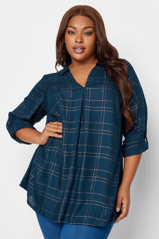 YOURS Curve Plus Size Navy Blue & Gold Check Print Shirt | Yours Clothing  1