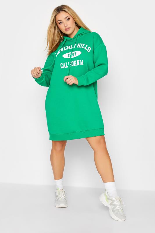 Plus Size Green 'Beverly Hills' Slogan Hoodie Dress | Yours Clothing 2