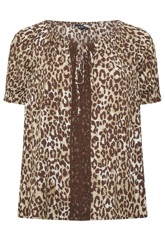 YOURS Plus Size Brown Leopard Crochet Tie Front Top | Yours Clothing 1