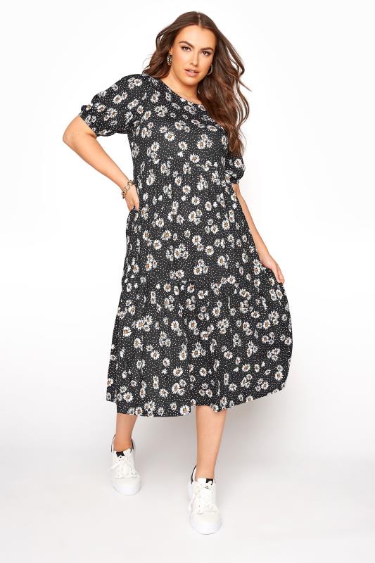 Plus Size  Black Daisy Print Puff Sleeve Midaxi Dress